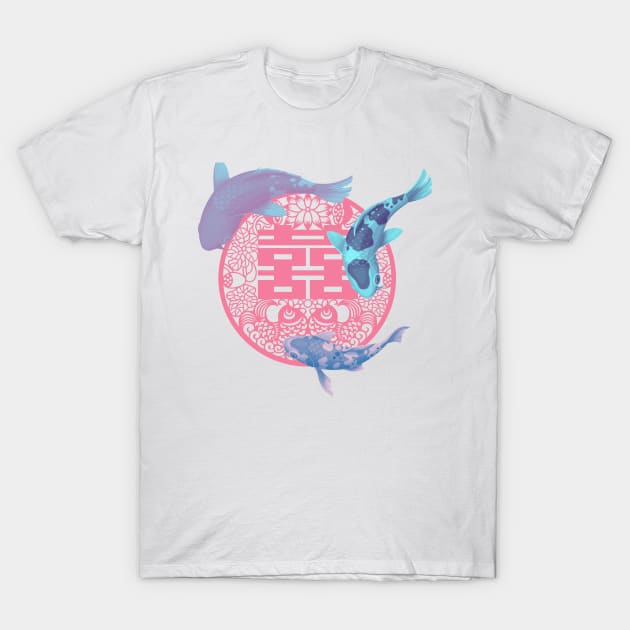 Double Happiness Koi Fish Blush Pink and Baby Blue with Pink Symbol - Hong Kong Retro T-Shirt by CRAFTY BITCH